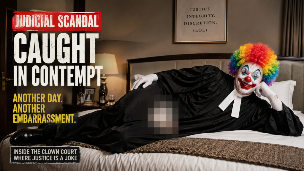 Clown judge in black robes on a bed with groin area pixelated for TCAP article about Newcastle court scandal